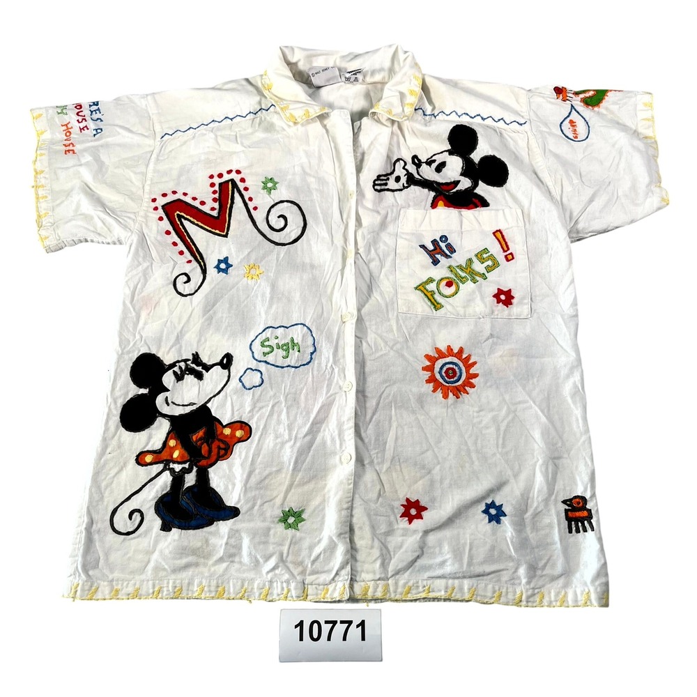 Vintage 1980s Folk Disney Mickey Mouse Minnie Shirt Women Medium Embroidered